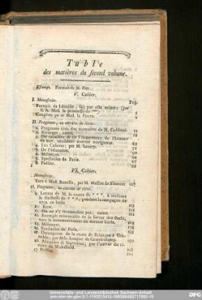 Table des matières du second volume.