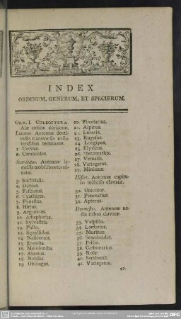Index Ordinum, Generum, et Specierum
