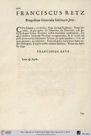 Franciscus Retz. Præpositus Generalis Societatis Jesu