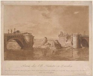 Die durch Napoleonische Truppen am 19. März 1813 gesprengte Augustusbrücke in Dresden