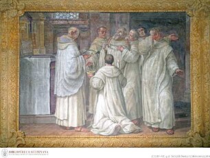 Szenen aus dem Leben des heiligen Benedikt von Mailand, Der heilige Benedikt von seinen Mitbrüdern umgeben und mit den Sakramenten versehen, stirbt in der Kirche