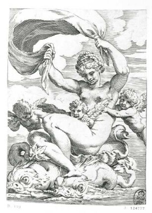 Venus mit Amoretten, von Delphinen übers Meer getragen