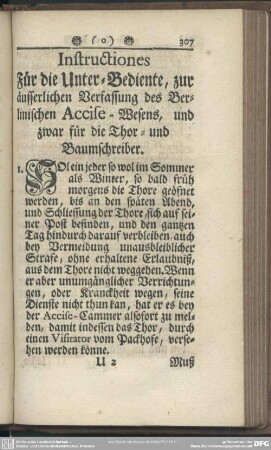 Instructiones Für die Unter-Bediente, zur äusserlichen Verfassung des Berlinischen Accise-Wesens, und zwar für die Thor- und Baumschreiber