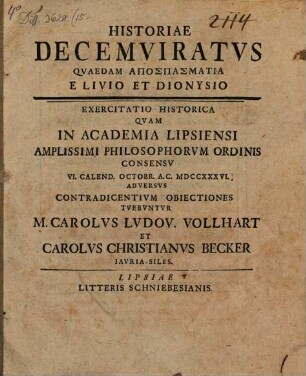 Historiae Decemviratvs Qvaedam Apospasmatia E Livio Et Dionysio : exercitatio historica