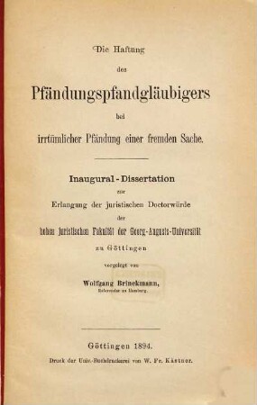 Die Haftung des Pfändungspfandgläubigers bei irrtümlicher Pfändung einer fremden Sache
