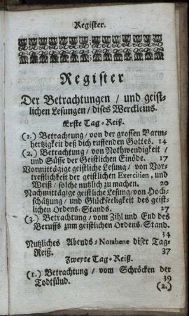 Register Der Betrachtugnen / und geistlichen Lesungen / dises Werckleins.