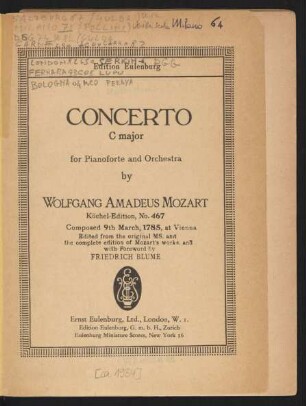 Concerto C major for pianoforte and orchestra : Köchel-Edition, No. 467
