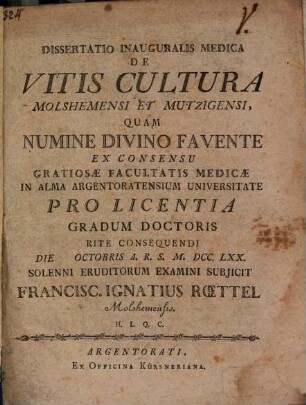 Diss. inaug. med. de vitis cultura Molshemensi et Mutzigensi