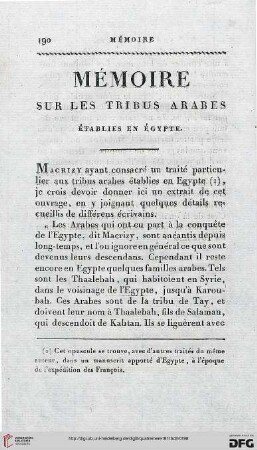 Mémoire sur les tribus arabes établies en Égypte