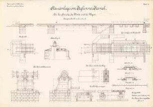 Stauanlage im Jeglinner Kanal, Groß Zechen: Laufbrücke, Winde, Wagen: Grundriss, Schnitte 1:40, 1:10