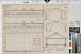 Münster (Münster) Trainkaserne Reithaus (3.u.4. Eskadron) Bl. 23 Grundriß, Ansichten, Schnitte (1913)1917(1920) 1 : 100 50 x 67 farb. Druck Maschke, Regierungsbaumeister Hochbauamt Münster