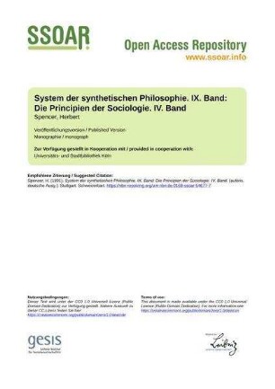 System der synthetischen Philosophie. IX. Band: Die Principien der Sociologie. IV. Band