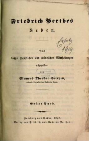 Friedrich Perthes' Leben. 1, 1772 - 1814