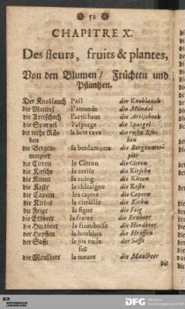 Chapitre X. Des fleurs, fruits & plantes, Von den Blumen / Früchten und Pflantzen.