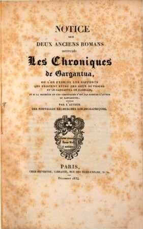 Notice sur deux anciens romans intitulés "Les chroniques de Gargantua"