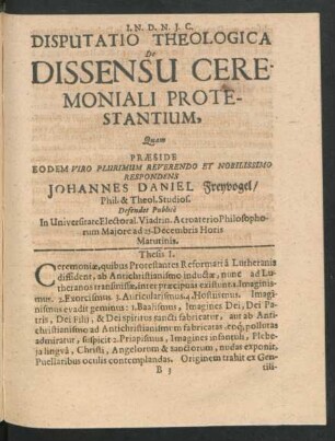 Disputatio Theologica De Dissensu Ceremoniali Protestantium