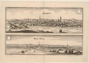 Panorama-Stadtansichten von Sangerhausen südöstlich des Harzes und Sömmerda in Thüringen, aus Merians Topographia Superioris Saxoniae