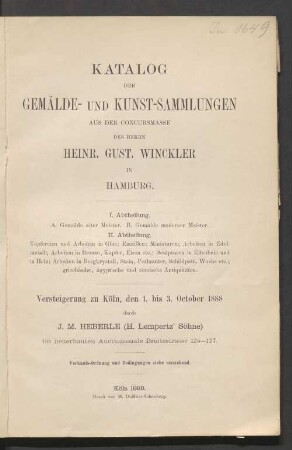 Gemälde- u. Kunst-Slg. Heinr. Gust. Winckler, Hamburg : 1.-3.10.