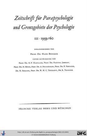 Band 3: Zeitschrift für Parapsychologie und Grenzgebiete der Psychologie