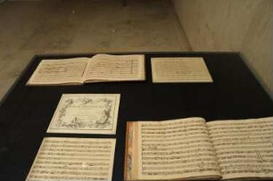Ausstellungsvitrine mit Partituren (Kantate "Amor prigioniero")