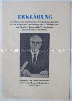 Flugschrift mit dem Wortlaut der Erklärung des stellvertretenden Ministerpräsidenten Willi Stoph zum Stand der Passierschein-Verhandlungen mit dem Senat von West-Berlin