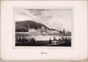 Schloss Pillnitz bei Dresden von Nordwesten über die Elbe mit Gondeln und Segelboot gesehen, aus der Zeitschrift Saxonia, Band 3, 1837