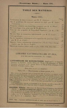 Table des matiéres. Mars 1894.