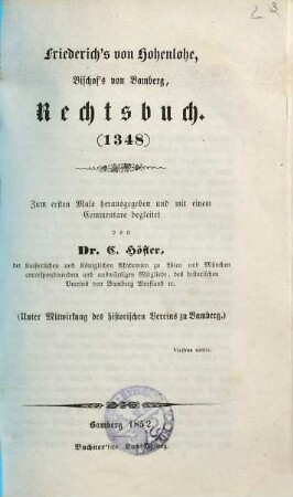 Friederich's von Hohenlohe, Bischof's von Bamberg, Rechtsbuch : (1348)