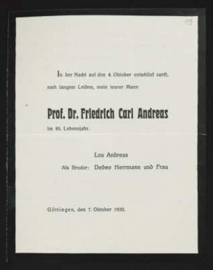 Brief von Lou Andreas-Salomé an Gerhart Hauptmann