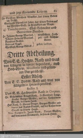 Dritte Abtheilung. Von E. E. hochw. Rath und was von selbigem in Specie dependiret, auch hoch-Ehrw. Ministerio und gesammelte Burgerschaft