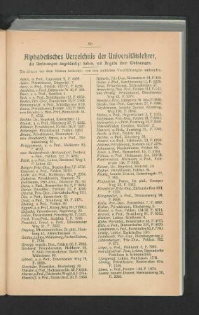 Alphabetisches Verzeichnis der Universitätslehrer, die Vorlesungen angekündigt haben, mit Angabe ihrer Wohnungen.