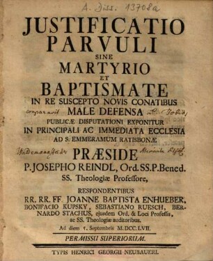 Iustificatio parvuli sine martyrio et baptismate in re suscepto novis conatibus male defensa