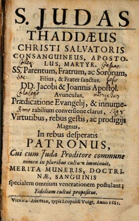 S. Judas Thaddaeus Christi Salvatoris Consanguineus, Apostolus, Martyr