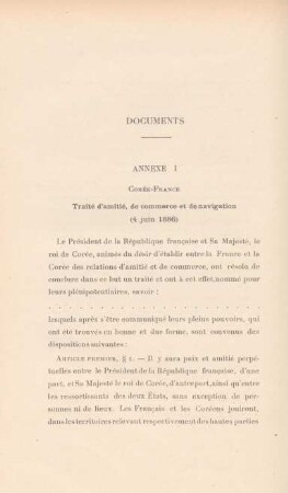 Annexe I. Corrée-France. Traité d'amitié, de commerce et de navigation (4 juin 1886)