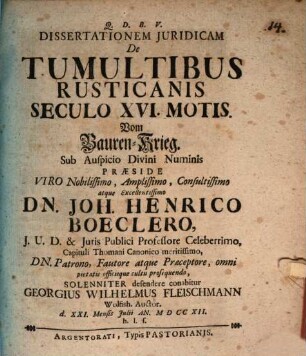 Dissertationem iuridicam de tumultibus rusticanis seculo XVI. motis, vom Bauren-Krieg