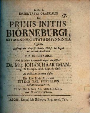 Diss. grad. de primis initiis Biörneburgi, Satacundiae civitatis in Fenningia