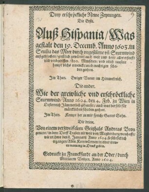 Drey erschröckliche Newe Zeytungen : Die Erste. Auß Hispania/ Was gestalt den 19. Decemb. Anno 1603. in Sevilia das Meer durch ungestüme un[n] Sturmwind außgebrochen ... . 800. Menschen/ und etlich tausent haupt vichs ertrenckt ... Die ander. Wie der grewliche und erschröckliche Sturmwind/ Anno 1604. den 4. Feb. zu Wien in Oesterreich Jämmerlich gehauset ... . Die dritte. Von einem verzweiffelten Geitzhals Andreas Bron genant/ in dem Dorff Traben nit weit von Magdenburg wonhafft/ wie es ihme den 8. Januarii Anno 1604. so schröcklich ergangen ...