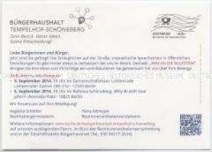 Informationskarte (Postwurfsendung) der Bezirksverordnetenversammlung von Berlin Tempelhof-Schöneberg mit der Einladung zu Bürgerversammlungen zum Haushalt 2015