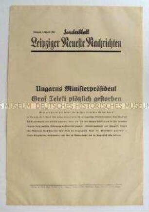 Sonderblatt der "Leipziger Neuesten Nachrichten" zum Tod des ungarischen Ministerpräsidenten