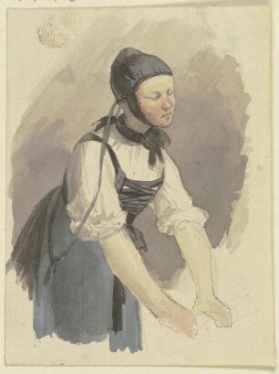 Frau, vor sich greifend