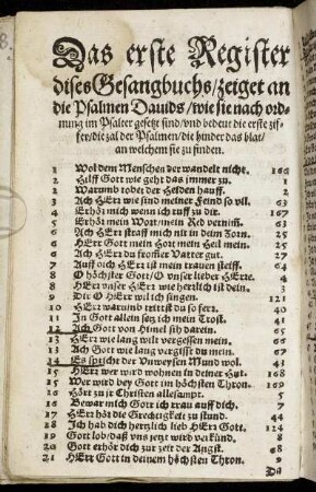 Das erste Register dises Gesangbuchs, zeiget an die Psalmen Davids