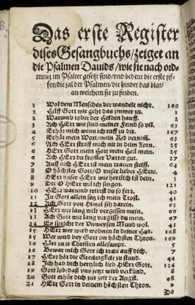 Das erste Register dises Gesangbuchs, zeiget an die Psalmen Davids
