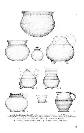 Abb. 11: Kugeltöpfe des 12. und 13. Jahrhunderts, blaugraue Ware des 13. bis 15. Jahrhunderts. ... M 1:4. (Zeichnungen: Günter Schulz)