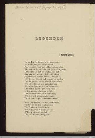 [Die Fibel] - [Handschrift] - Legenden: I. Erkenntnis (Erkenntnis) - StGA-George I,0131 : [SW I: keine Sigle]; [SW I, S. 83-86/131-133]