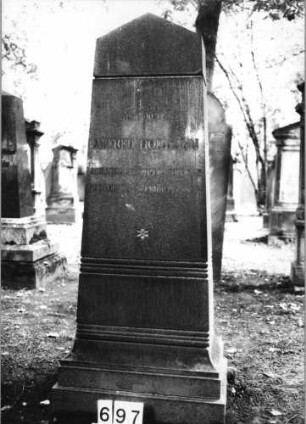 Grabstein 697 (Index: 99630199) Material: geschliffener Granit Zustand: gut Maße HxBxT: 160x62x43 cm Beschreibung: sich nach oben verjüngende Stele auf getreppt. Sockel m. giebelart. Abschluß Symbolik: sechszackiger Stern: Grabstein 697