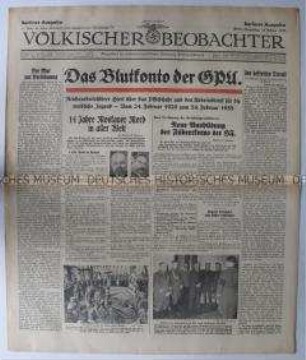Tageszeitung "Völkischer Beobachter" u.a. zur Einführung des Arbeitsdienstes für die weibliche Jugend und den stalinistischen Terror in der Sowjetunion