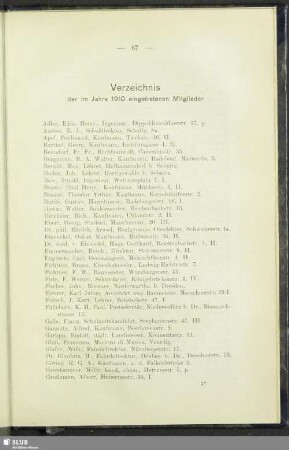 Verzeichnis der im Jahre 1910 eingetretenen Mitglieder