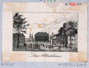 Der Neustädter Markt in Dresden, Blick nach Süden, mit dem Reiterstandbild August des Starken, der Neustädter Wache (Blockhaus) und Blick über die Augustusbrücke auf die Altstadt