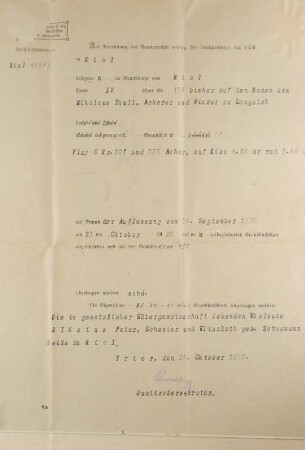 Schreiben des Amtsgericht an Peter Bläsius (25. Oktober 1920)
