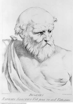 Le LII teste della celebre Scuola d'Atene dipinta da Raffaello Sanzio da Urbino nel Palazzo Vaticano / disegnate in XL carte dal Cavalier Antonio Rafaello Mengs, incise da Domenico Cunego / Roma : Ghelli, 1785, Diogenes (tav. 20)